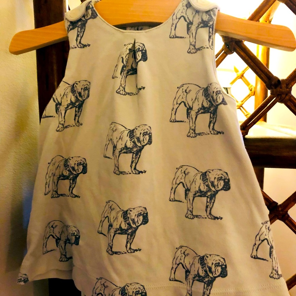 Kate Quinn 6-12 month bulldog button dress onesie.
